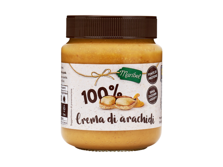 Crema di arachidi 100% naturale, fonte di proteine, senza zuccheri aggiunti.