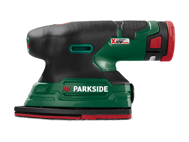 Levigatrice orbitale a batteria verde e nera con logo X 12 V Team.