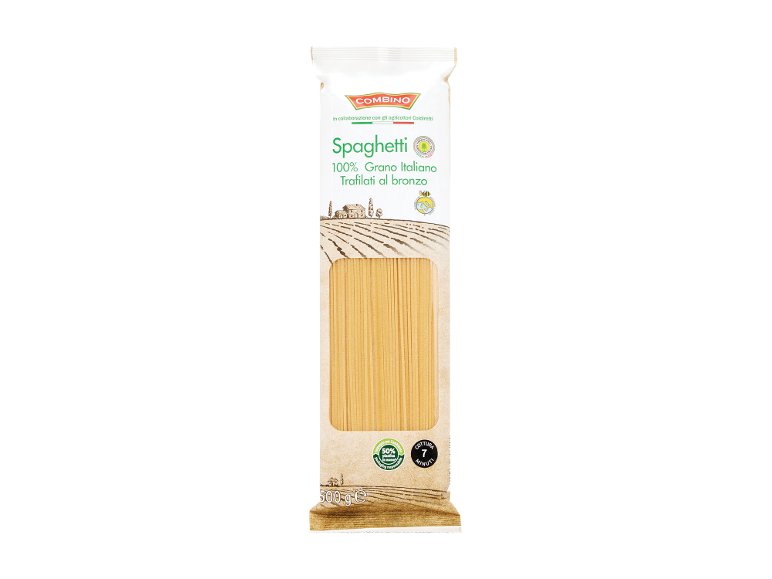 Confezione di spaghetti, 100% grano italiano, trafilati al bronzo, con tempo di cottura di 7 minuti.