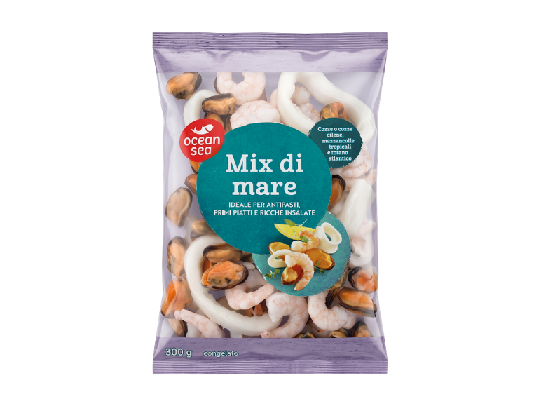 Mix di mare congelato (cozze, gamberi, calamari) da 300g, ideale per antipasti e insalate.