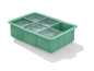 Vassoio verde per cubetti di ghiaccio con coperchio bianco, pieno di cubetti.