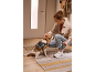 Donna accarezza un beagle con imbracatura, tenendo un guinzaglio retrattile.