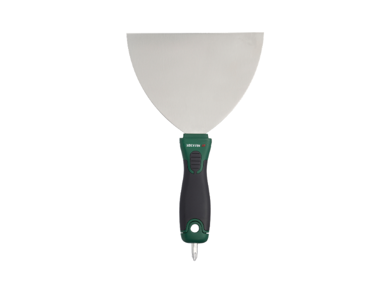 Spatola da muratore con manico verde e nero, con punta di cacciavite alla base.