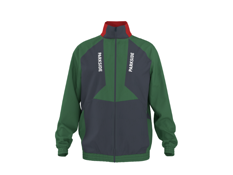 Giacca sportiva verde e grigio scuro con colletto rosso e testo bianco verticale.