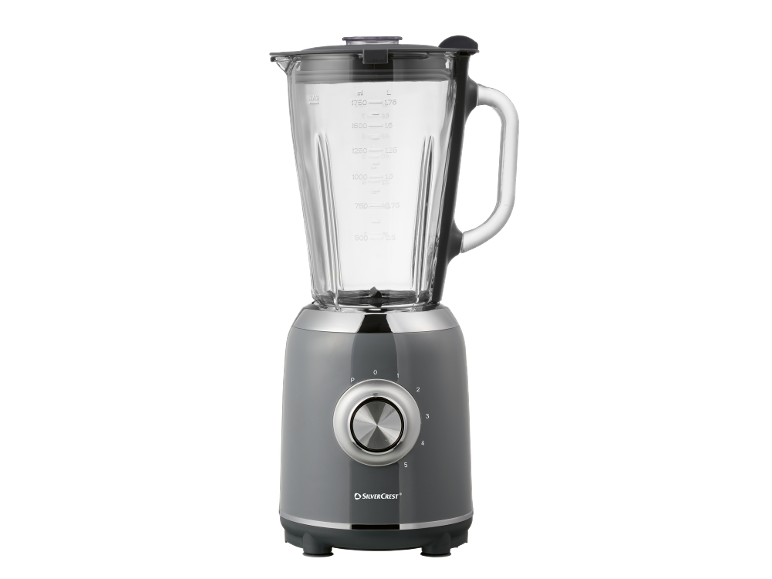 Frullatore grigio con caraffa in vetro, manopola di controllo e scala graduata.