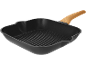 Padella grill quadrata nera con manico in legno.