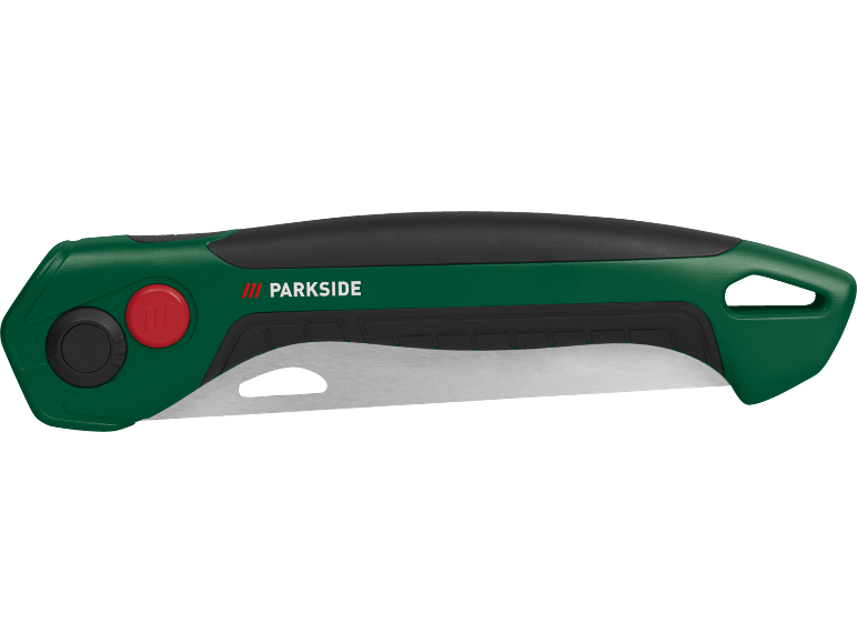 Sega pieghevole verde e nera con un pulsante rosso e una lama argentata.