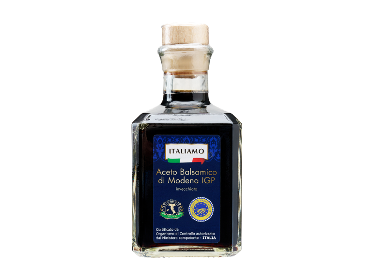 Bottiglia di Aceto Balsamico di Modena IGP invecchiato con etichetta blu.