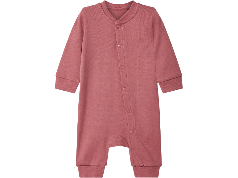 Tutina rosa a maniche lunghe per neonati con bottoni automatici.