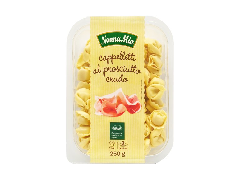 Confezione di cappelletti al prosciutto crudo, con testo che indica 2 minuti di cottura e 250 g.