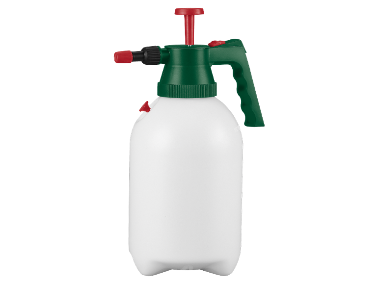 Spruzzatore manuale bianco con dettagli verdi e rossi.