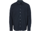 Camicia da uomo blu scuro a maniche lunghe con bottoni bianchi.