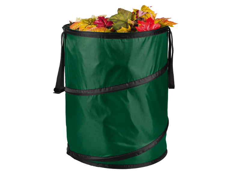 Sacco verde pieghevole per rifiuti da giardino pieno di foglie autunnali.