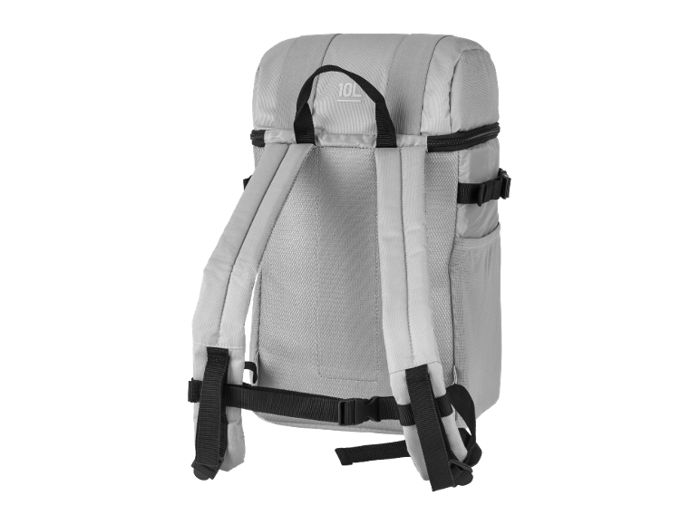 Zaino grigio chiaro da 10 L, con pannello posteriore visibile e spallacci.