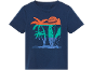 Maglietta blu con stampa di palme, sole e tavole da surf.