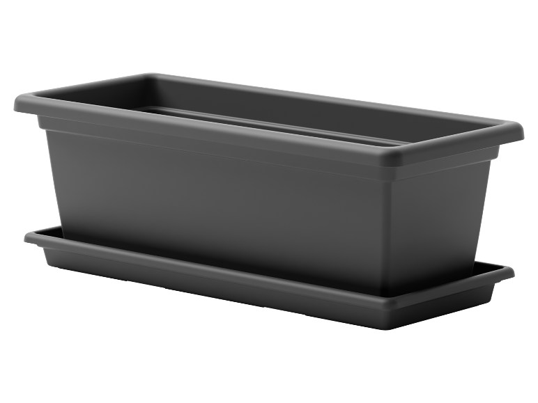 Fioriera rettangolare in plastica grigio scuro con sottovaso.