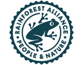 Sigillo con una rana e il testo 'RAINFOREST ALLIANCE PEOPLE & NATURE'.