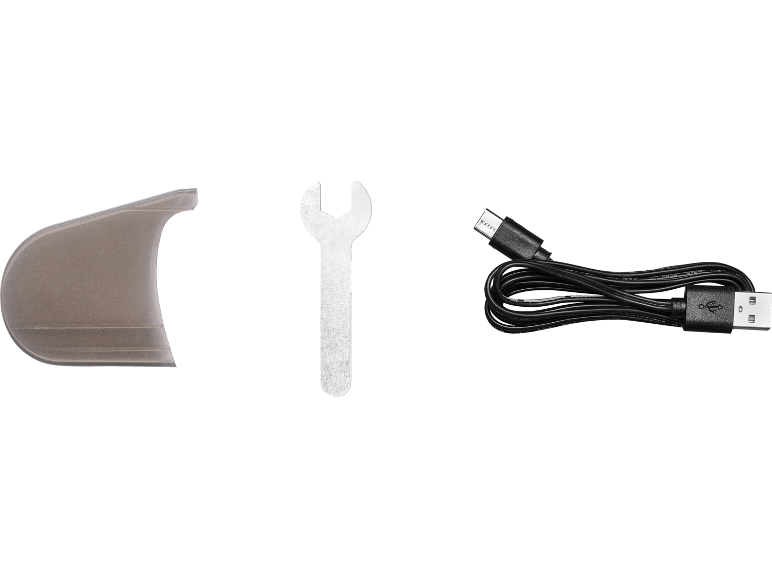 Scudo trasparente, chiave inglese e cavo USB nero.