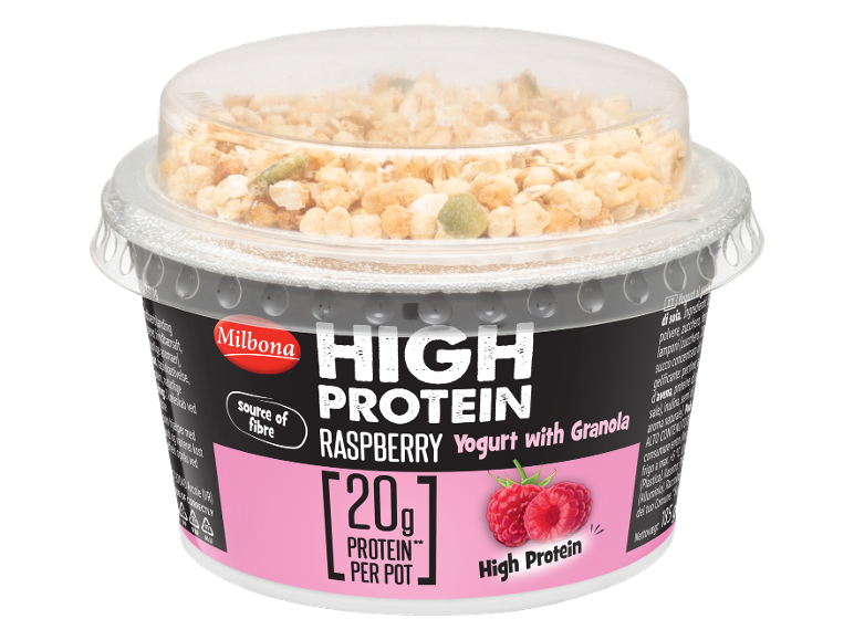 Yogurt proteico al lampone con granola in un vasetto, 20g di proteine per vasetto.