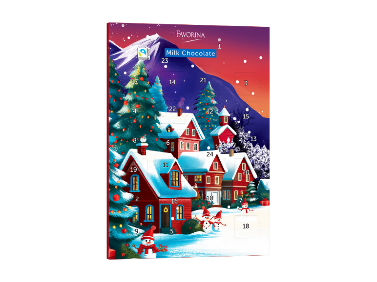 Calendario dell'avvento natalizio con scena di villaggio innevato e cioccolato al latte.