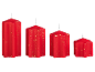 Quattro candele rosse con glitter dorati a forma di stella, di diverse dimensioni.