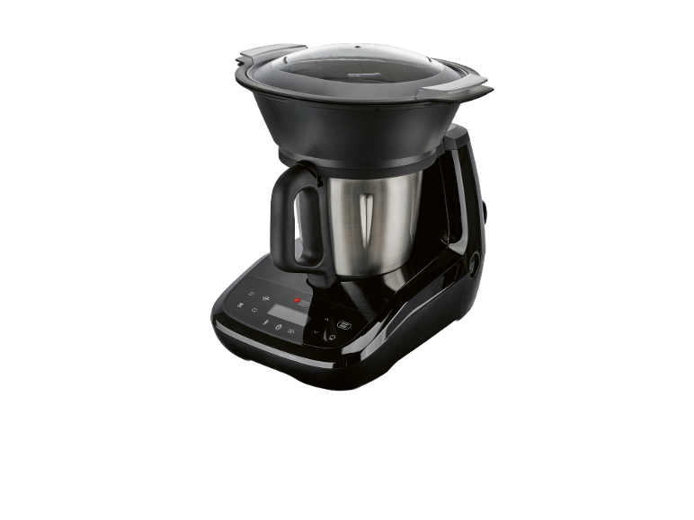 Robot da cucina nero con ciotola in acciaio inossidabile e coperchio trasparente