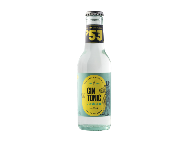 Bottiglia di Gin Tonic analcolico, pronto da servire, con un ippopotamo in abito.