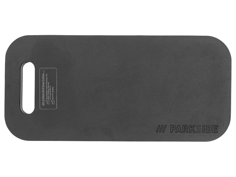 Cuscino per ginocchia grigio scuro con informazioni sul prodotto e intaglio per maniglia.