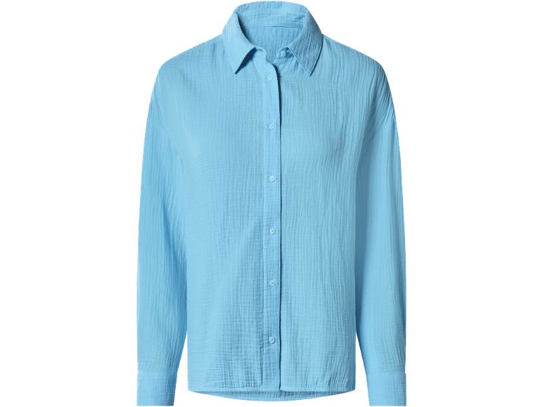 Camicia a maniche lunghe in mussola blu con bottoni.