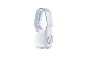 Ventilatore bianco senza pale con accenti luminosi blu e rosa, pulsanti di controllo e prese d'aria.