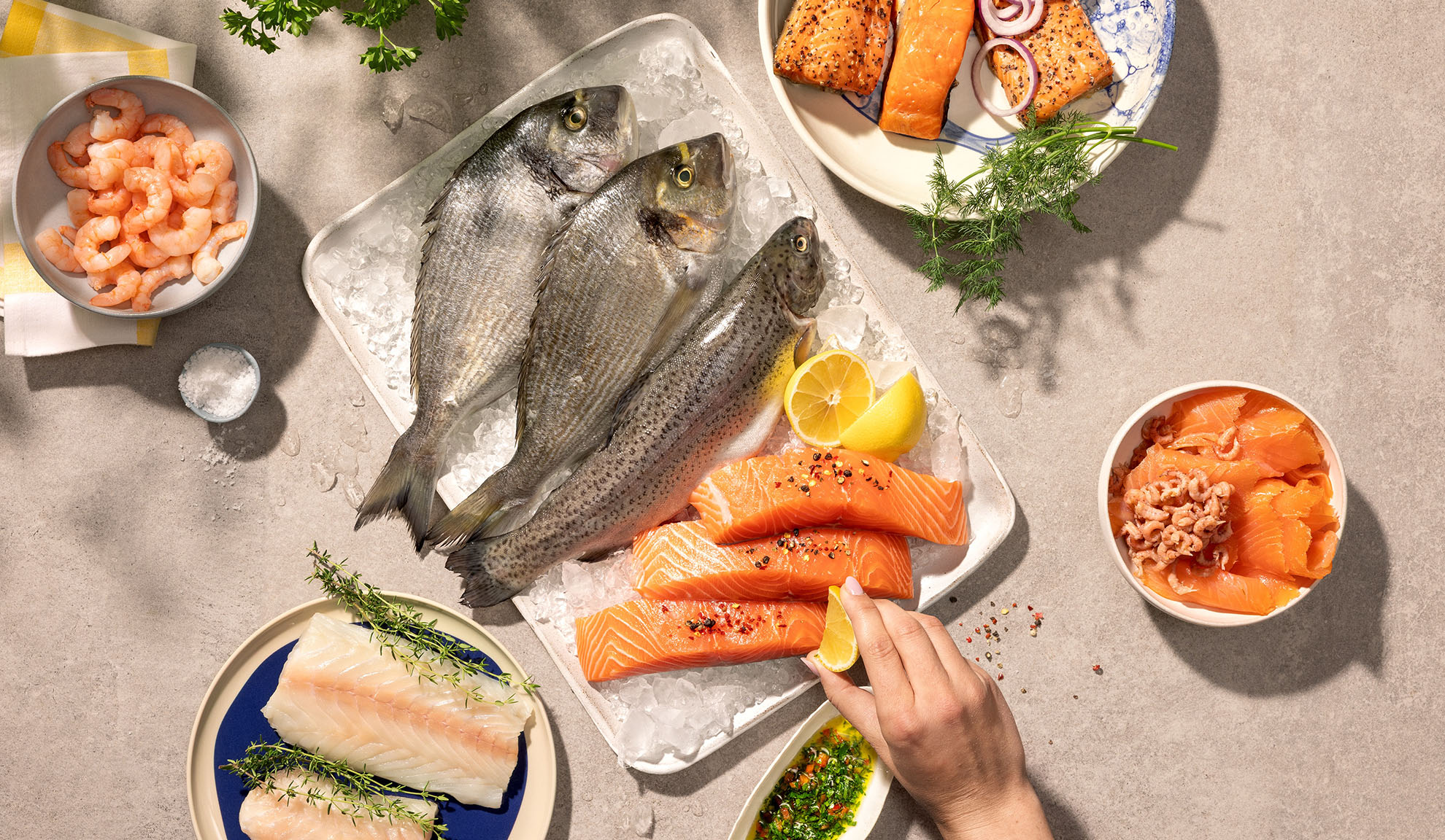 Frutti di mare freschi assortiti, inclusi pesce, salmone e gamberetti, pronti per la cottura.