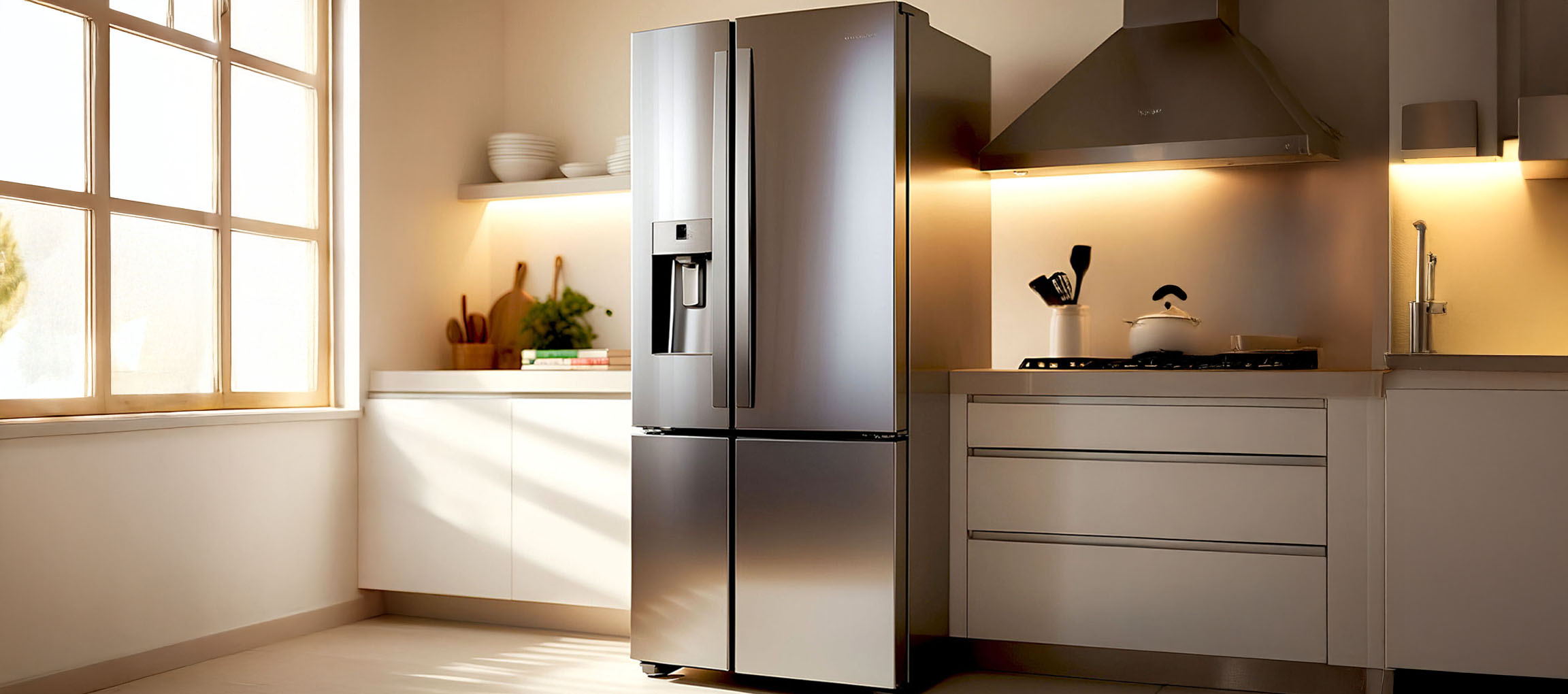 Cucina moderna con un grande frigorifero freestanding in acciaio inossidabile e mobili bianchi.