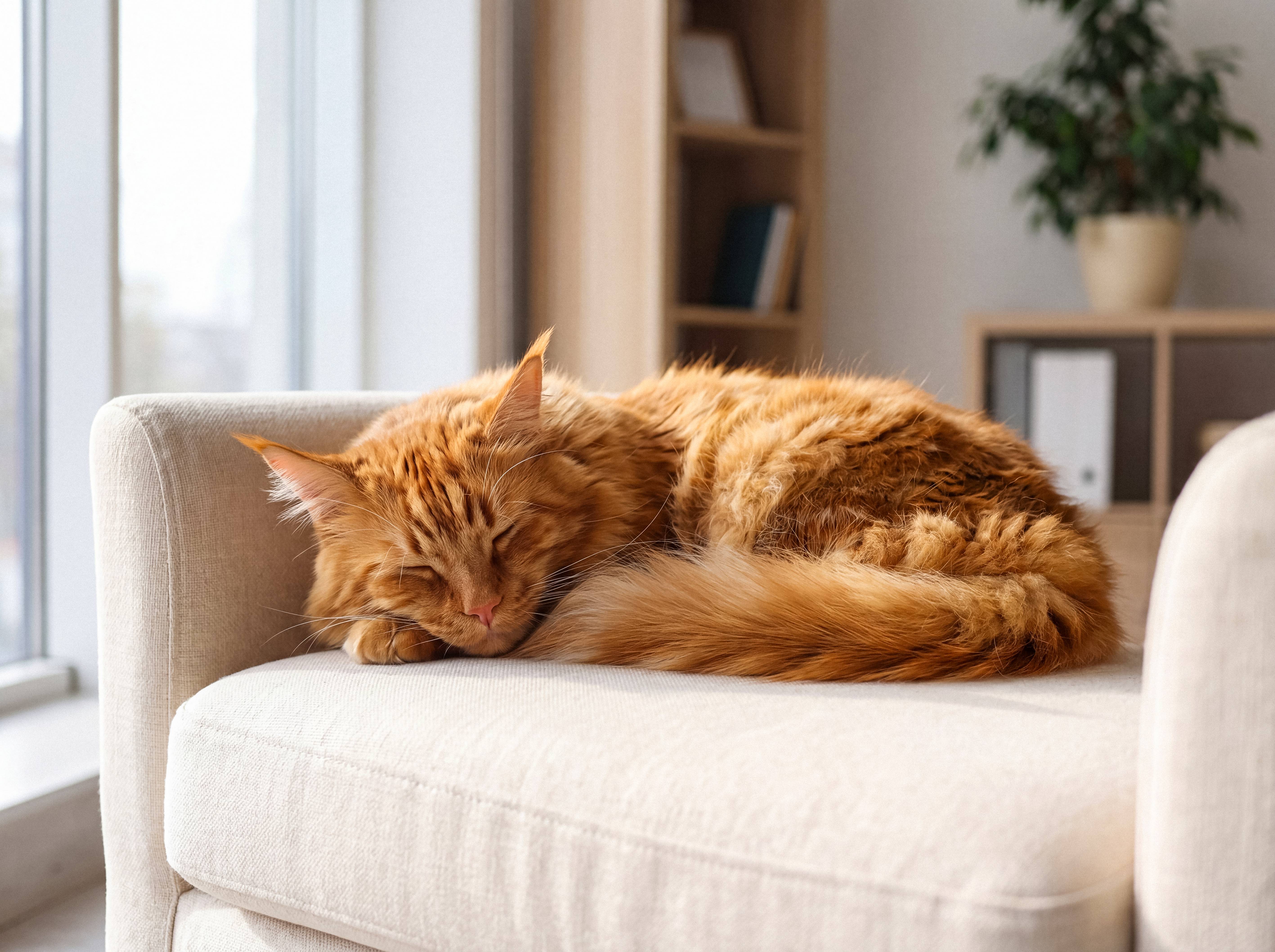 Gatto rosso che dorme su un divano beige in soggiorno.