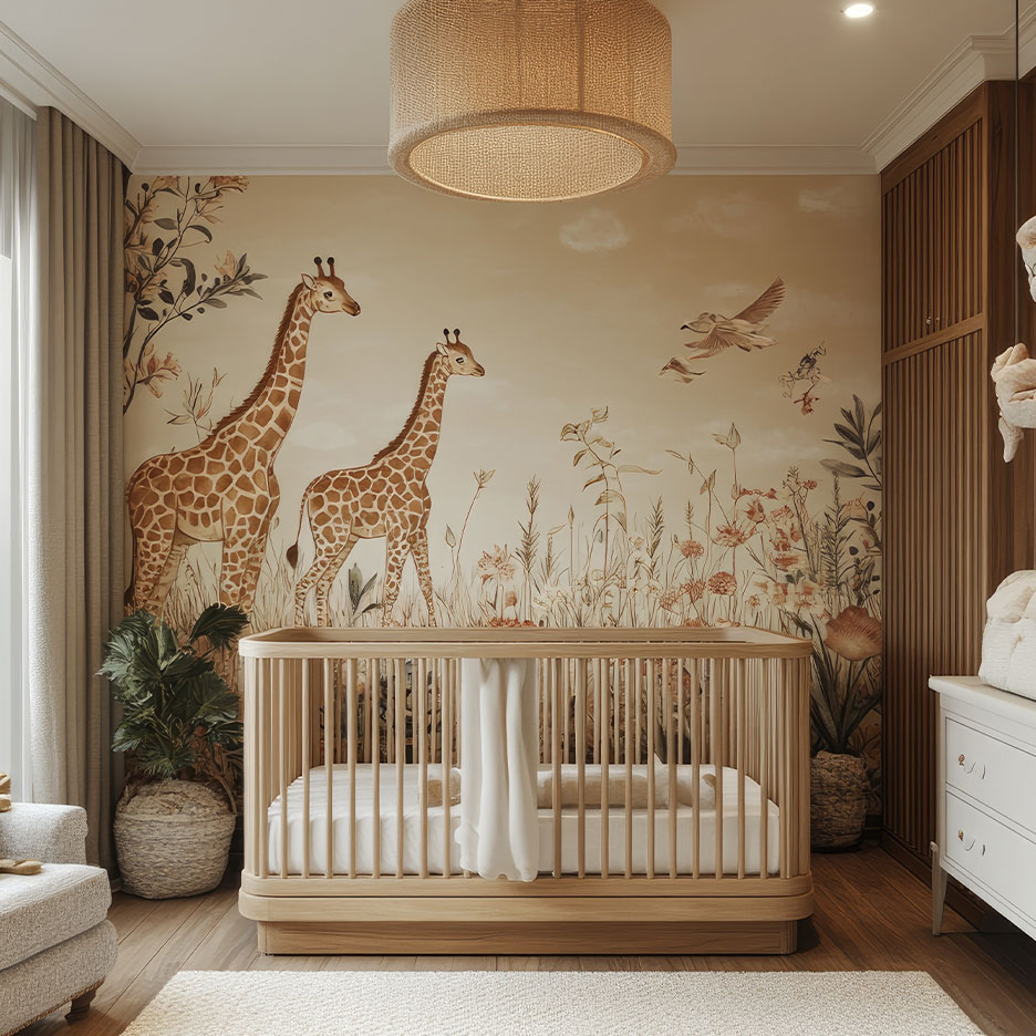 Cameretta per bambini con culla in legno, carta da parati con giraffe e armadi in legno.