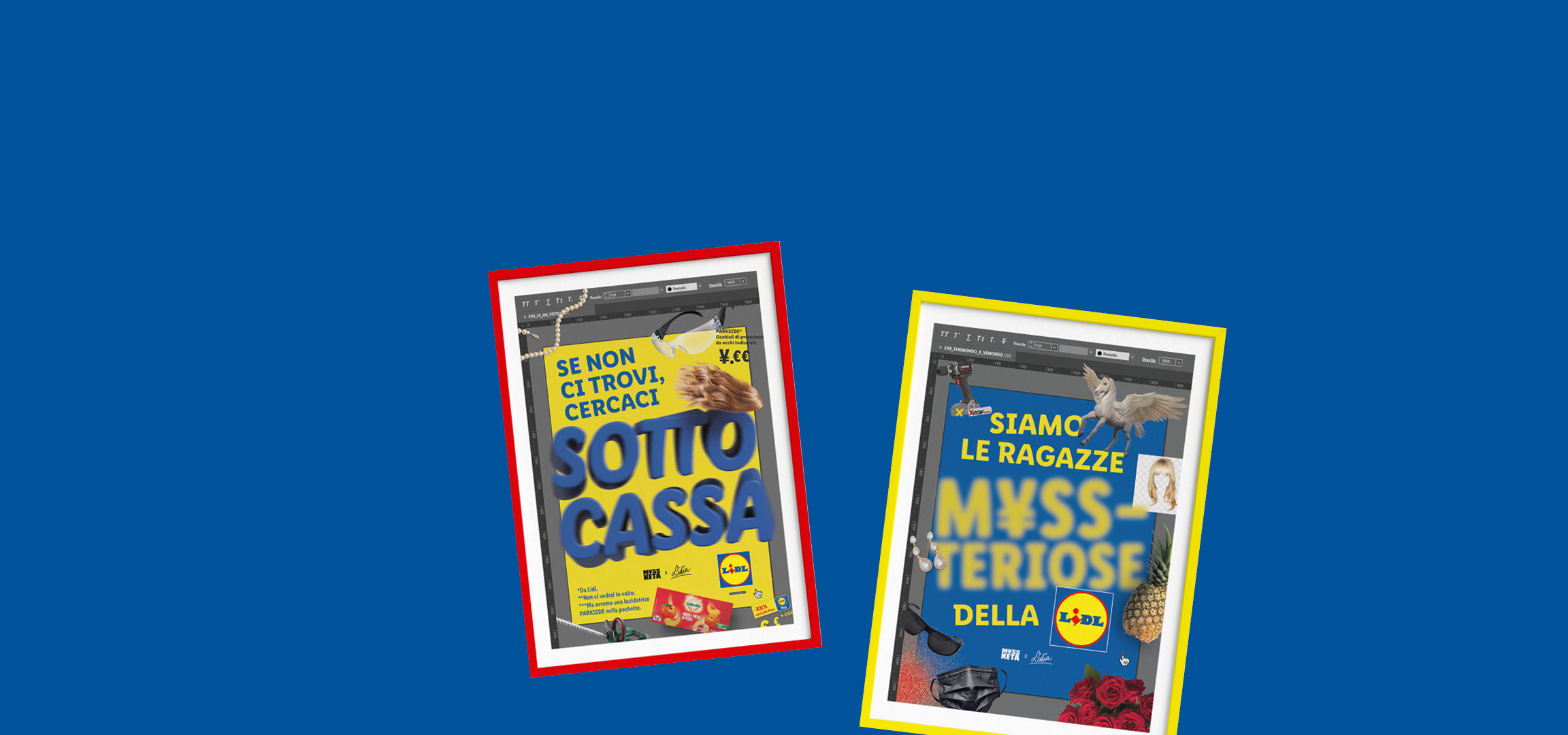 Due poster promozionali Lidl con testo in italiano, uno con occhiali di protezione e l'altro con un trapano e un pegaso.
