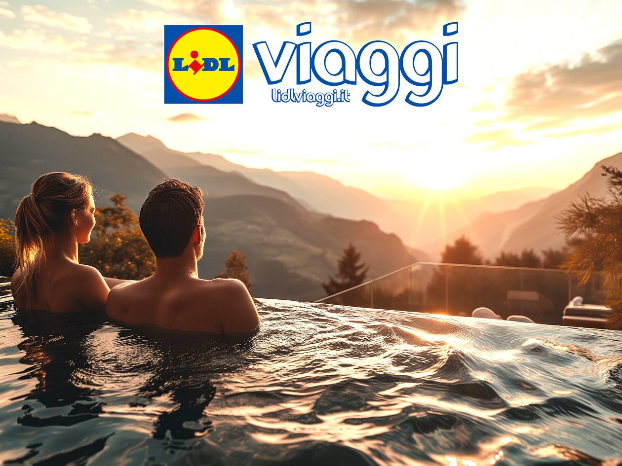 Coppia in piscina con vista sulle montagne al tramonto, logo Lidl Viaggi.