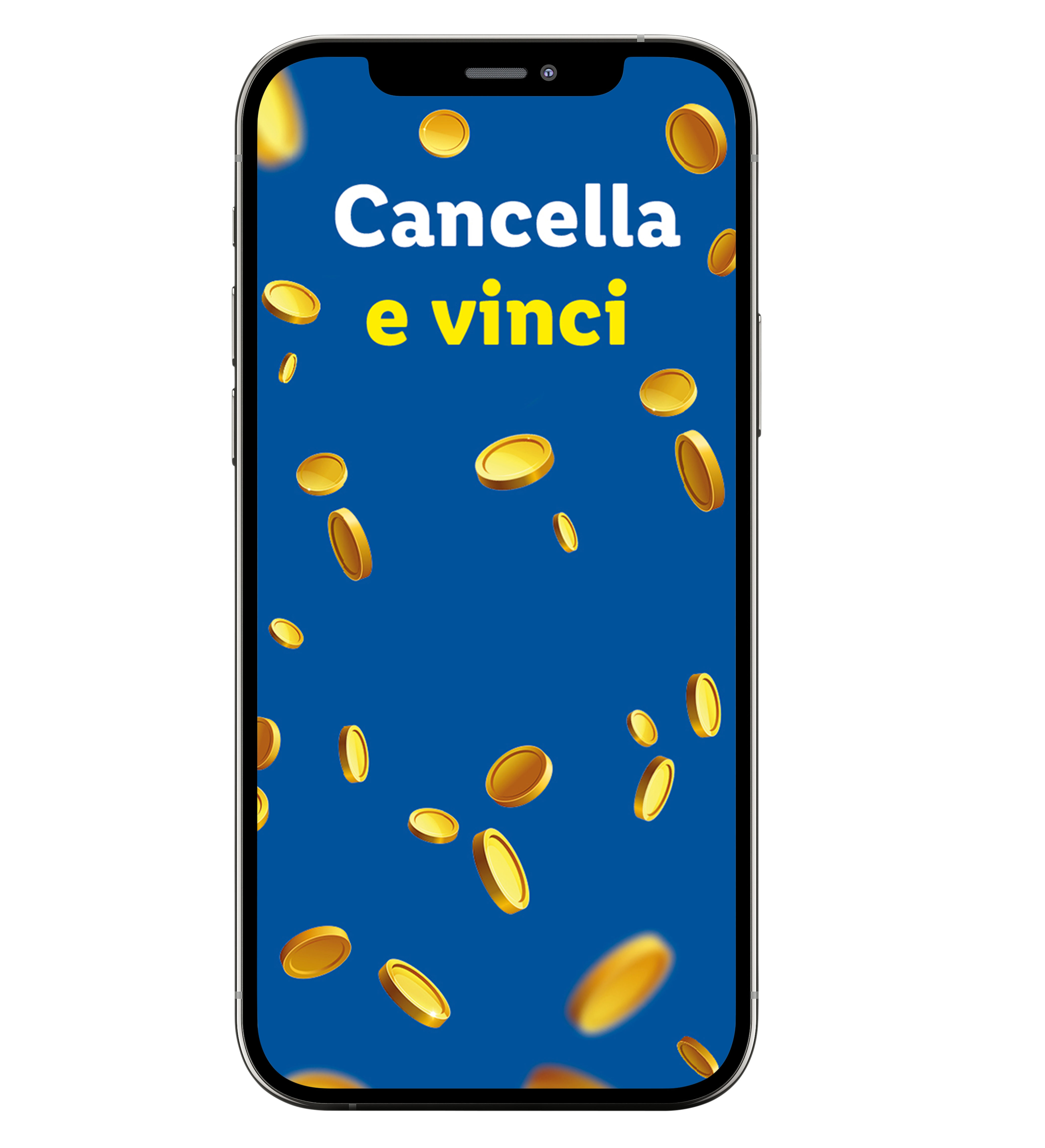 Schermo di smartphone con testo 'Cancella e vinci' e monete d'oro che cadono.