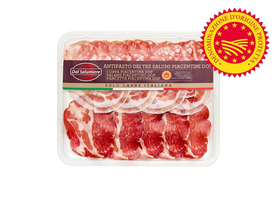 Salumi italiani Dal Salumiere: Coppa, salame e pancetta Piacentina DOP.