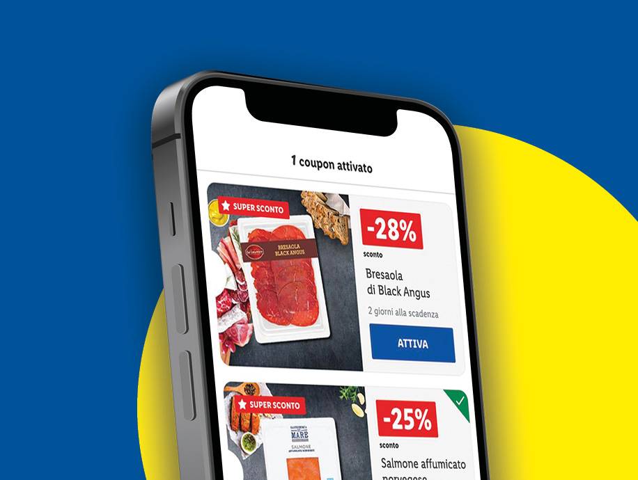 Schermata di un'app mobile con coupon per bresaola di Black Angus e salmone affumicato.