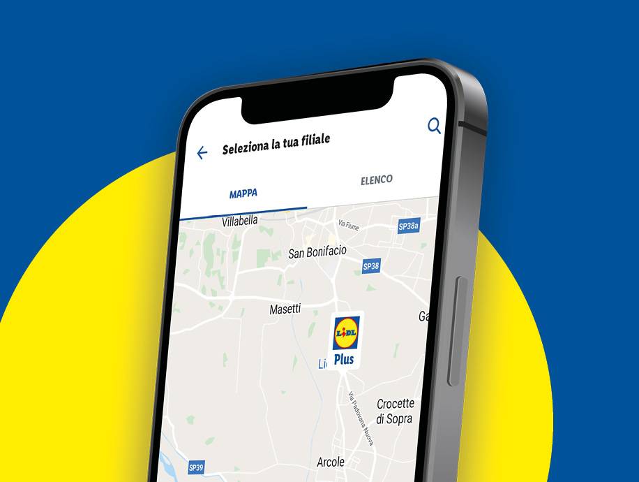 Schermata dell'app mobile che mostra una mappa con la posizione dei negozi e l'opzione per selezionare una filiale.