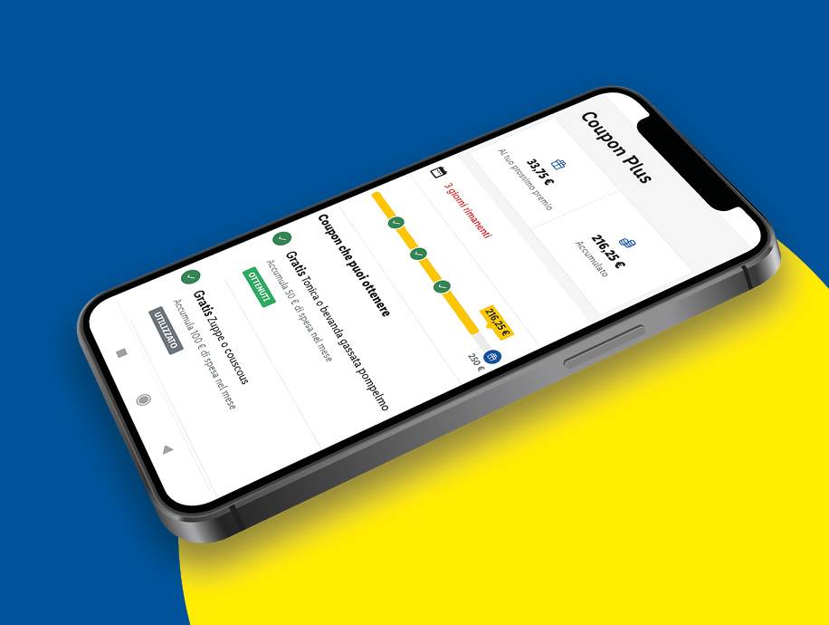 Un'app mobile mostra coupon per bevande toniche, zuppe e couscous, con un saldo accumulato di 216,25 €.