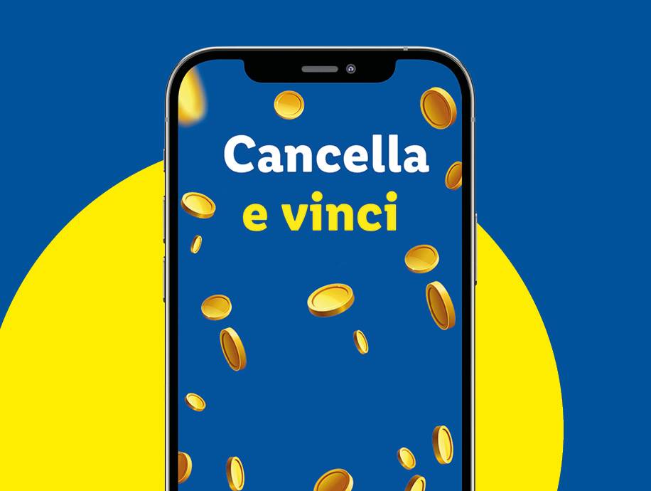 Smartphone con schermo blu, monete d'oro che cadono e testo 'Cancella e vinci'.