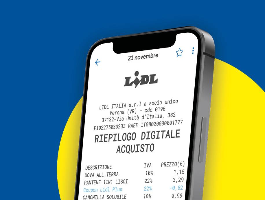 Scontrino digitale Lidl con uova, shampoo e camomilla, mostrando prezzi e sconti.