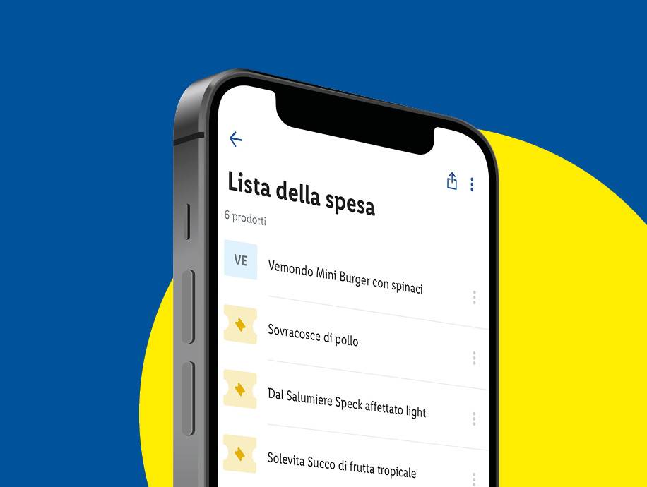 Schermata di un'app per la lista della spesa con mini burger, pollo, speck e succo di frutta.