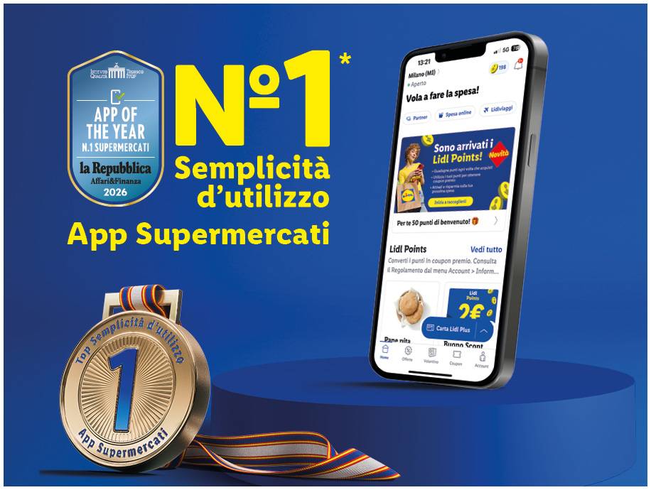 L'app del supermercato è stata premiata come numero 1 per semplicità d'uso, con un'interfaccia che mostra punti fedeltà e offerte.