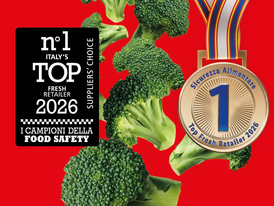 Broccoli freschi con medaglia e riconoscimento per il miglior rivenditore fresco 2026 e sicurezza alimentare.