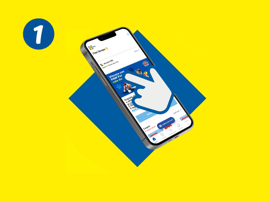 Un'app mobile con un dito che tocca lo schermo, su sfondo giallo e blu.