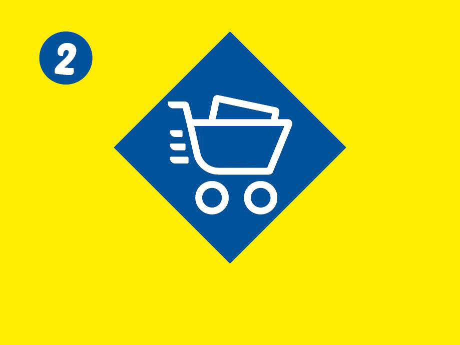 Icona di un carrello della spesa con il numero 2 su sfondo giallo.
