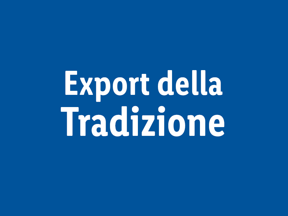 Scritta bianca Export della Tradizione su sfondo blu.