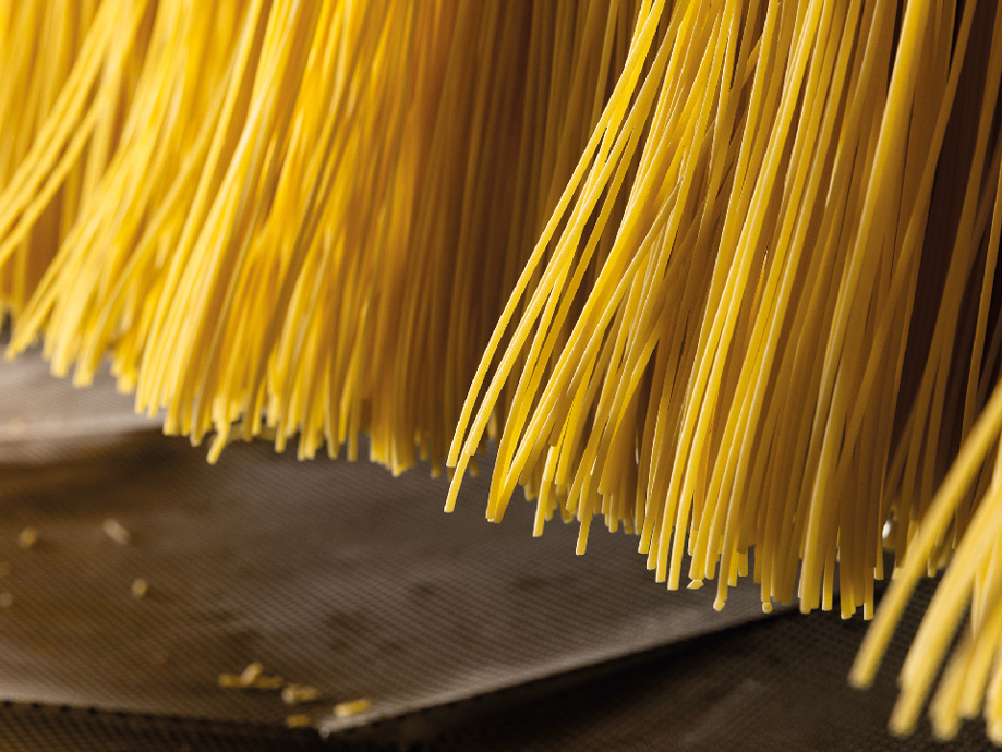 Spaghetti lunghi e gialli appesi ad asciugare su un nastro trasportatore.